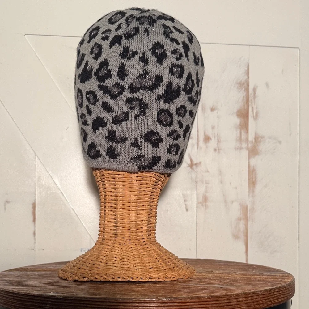 Gray Leopard Print Knit Beanie with Lurex Metallic Threads